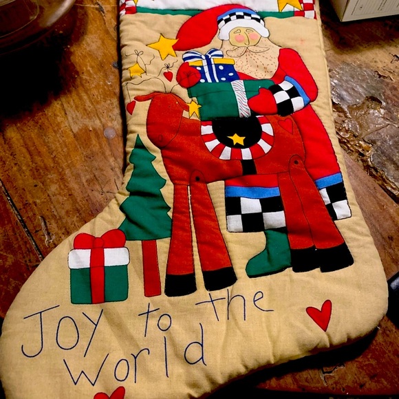 Vintage Christmas Quilted‎ Stocking  Joy to the World Santa Reindeer - Picture 1 of 1